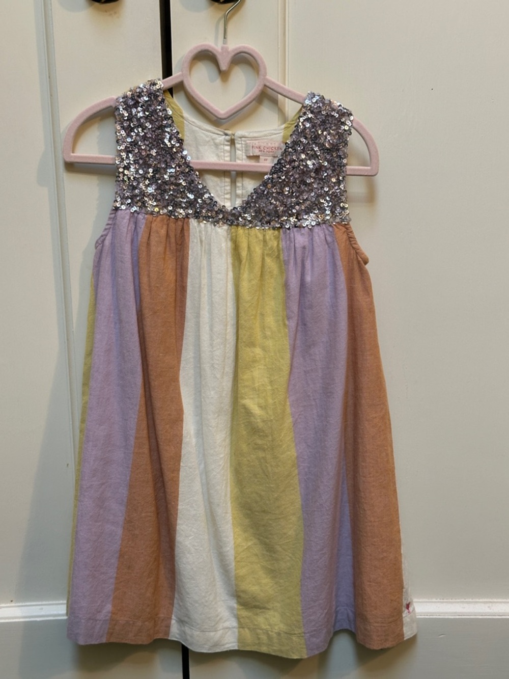 Pink Chicken Sequin Bodice Pastel Stripe Dress in Lavender, Peach, Yellow, Cream